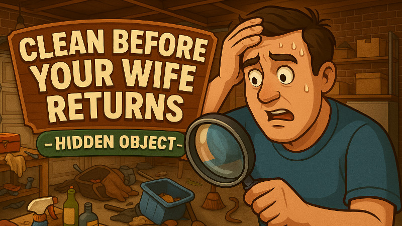 Mężczyzna w panice w zabałaganionym domu – grafika z gry hidden object "Clean Before Your Wife Returns"
